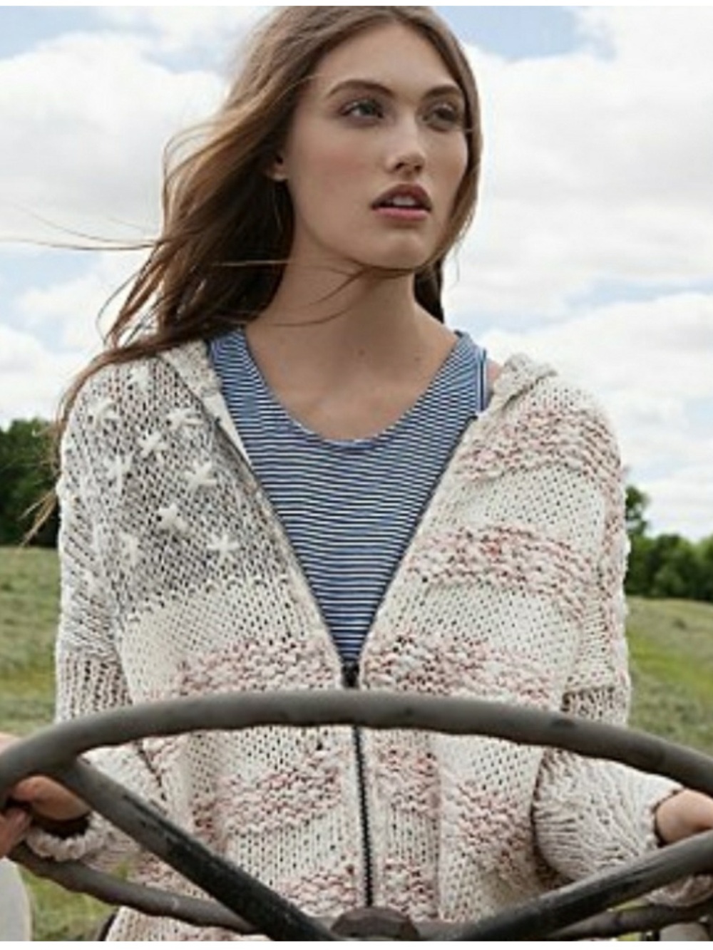 Free People RARE Vtg. Loose Knit Sweater Star Spangled USA Flag Hoodie Sz XS